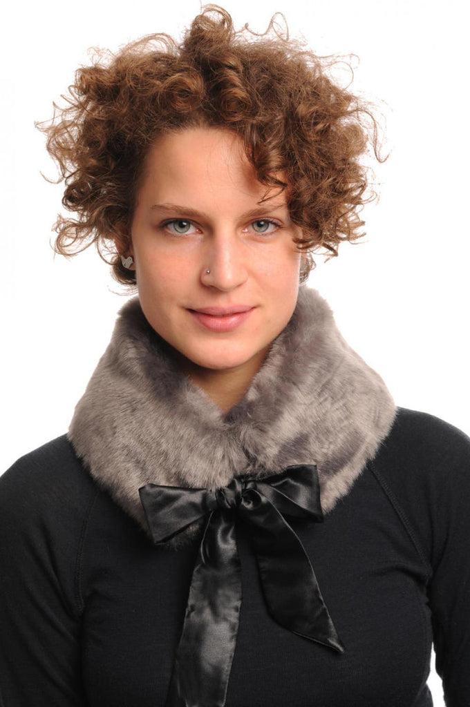 liss kiss Grey Faux Fur Collar With Satin Bow Collar Scarf - Collar