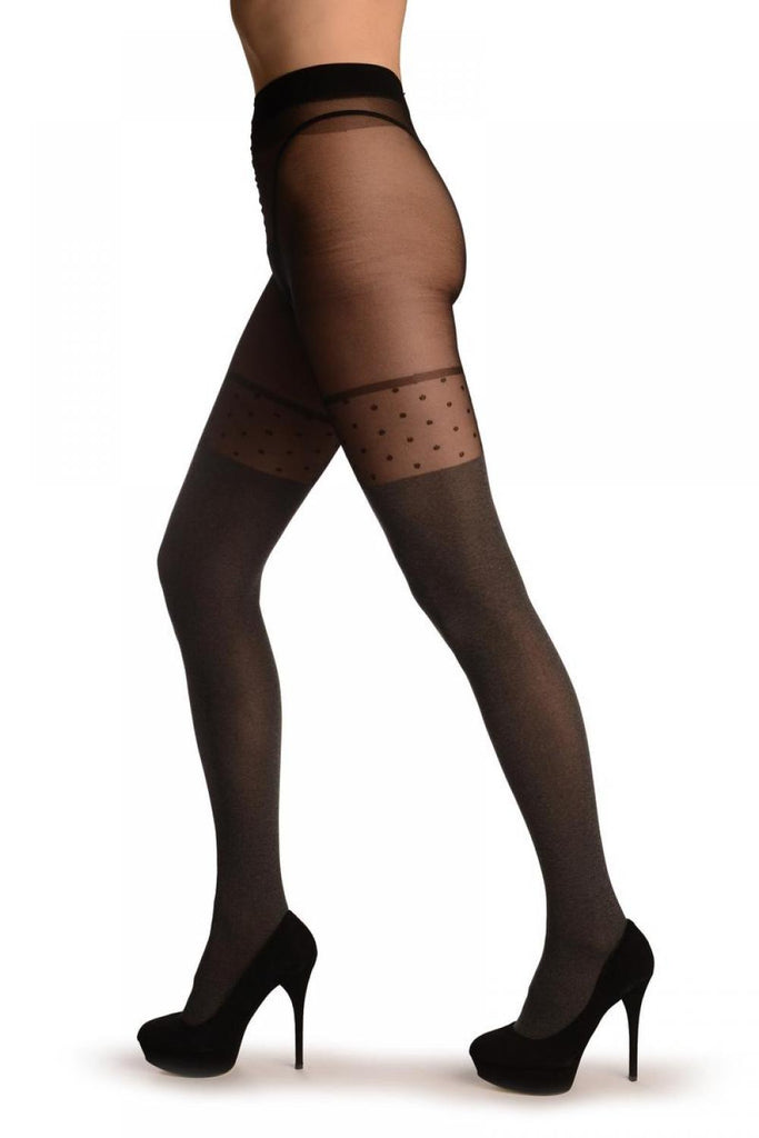Liss Kiss Grey Faux Stockings With Black Dotted Garter - Tights
