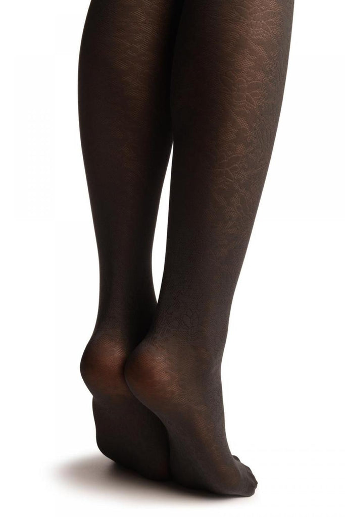 Liss Kiss Grey Faux Stockings With Vintage Floral Pattern - Tights