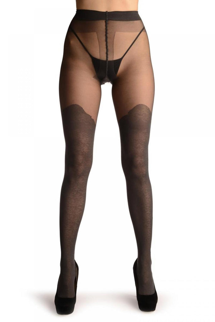 Liss Kiss Grey Faux Stockings With Vintage Floral Pattern - Tights