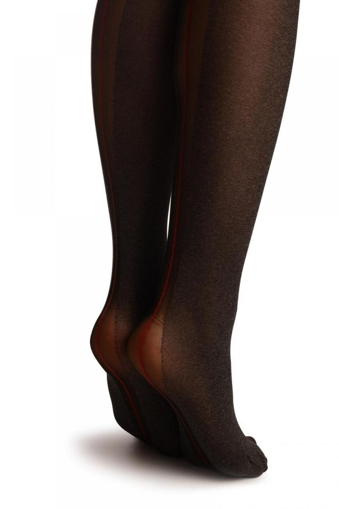 Liss Kiss Grey Faux Stokings With Black Split Cut & Red Back Seam - Tights
