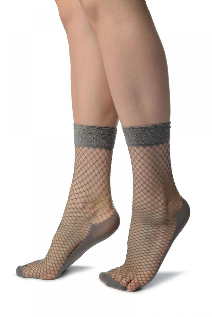 Liss Kiss Grey Fishnet With Lurex Leopard Top Ankle High Socks - Socks