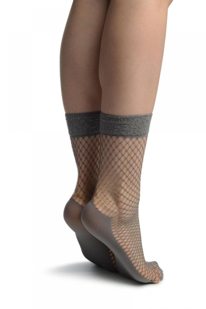 Liss Kiss Grey Fishnet With Lurex Leopard Top Ankle High Socks - Socks