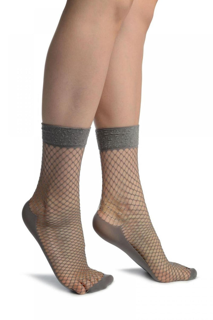 liss kiss Grey Fishnet With Lurex Leopard Top Ankle High Socks - Socks