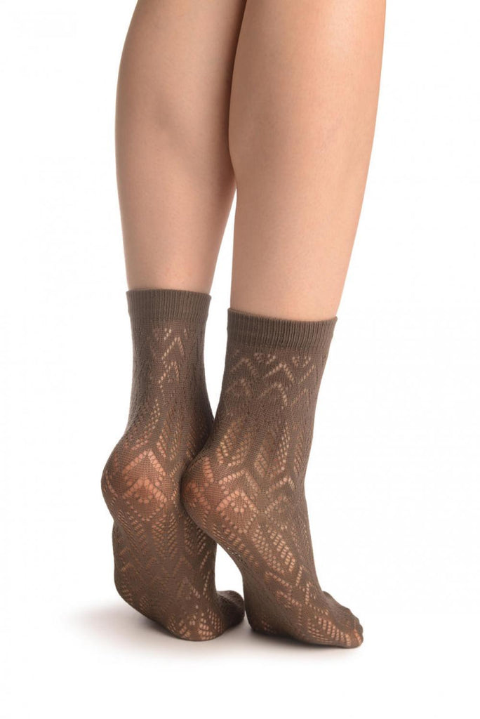 Liss Kiss Grey Geometrical Crochet Lace Ankle High Socks - Socks