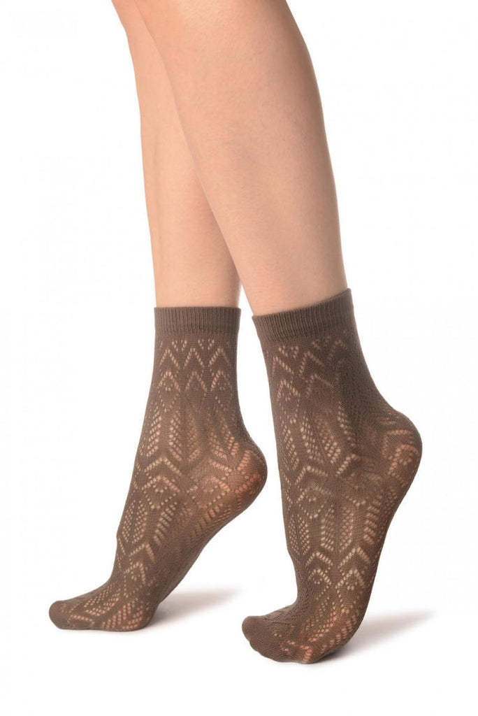 Liss Kiss Grey Geometrical Crochet Lace Ankle High Socks - Socks