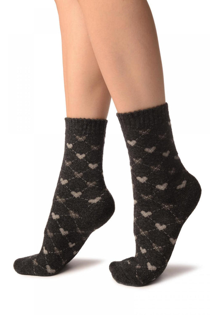 Liss Kiss Grey Hearts On Dark Grey Angora Ankle High Socks - Socks