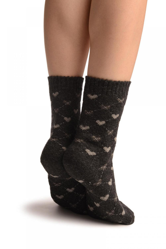 Liss Kiss Grey Hearts On Dark Grey Angora Ankle High Socks - Socks