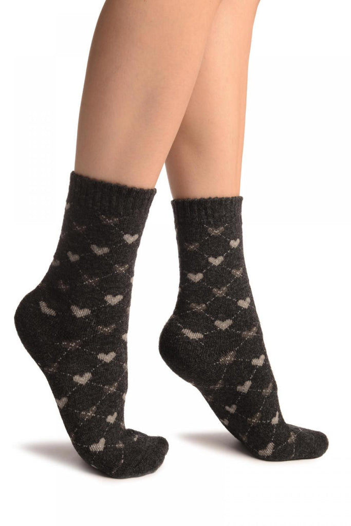 liss kiss Grey Hearts On Dark Grey Angora Ankle High Socks - Socks
