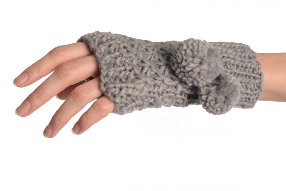 Liss Kiss Grey Knitted Fingerless Mittens With Pompons - Mittens