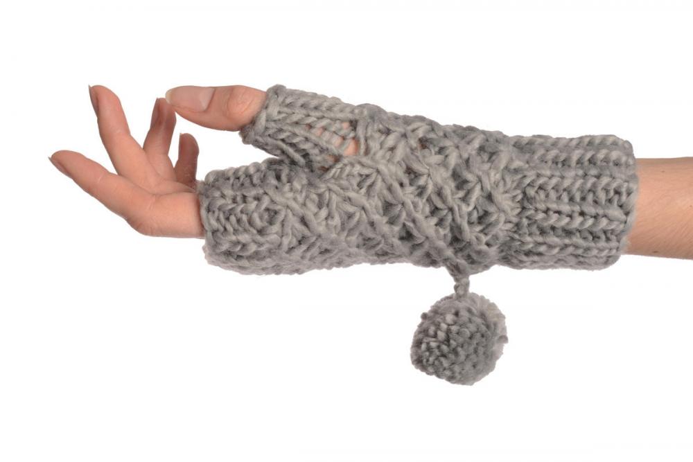 Liss Kiss Grey Knitted Fingerless Mittens With Pompons - Mittens