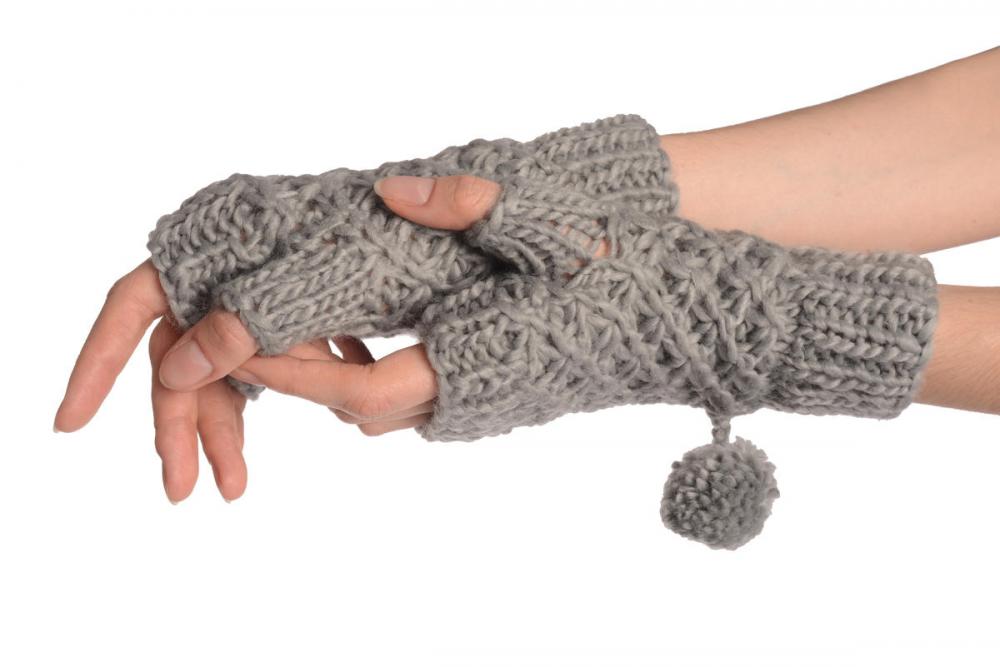 liss kiss Grey Knitted Fingerless Mittens With Pompons - Mittens