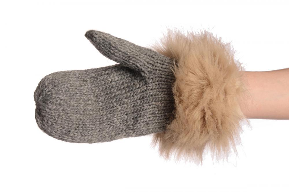 Liss Kiss Grey Knitted With Faux Fur Mittens - Mittens