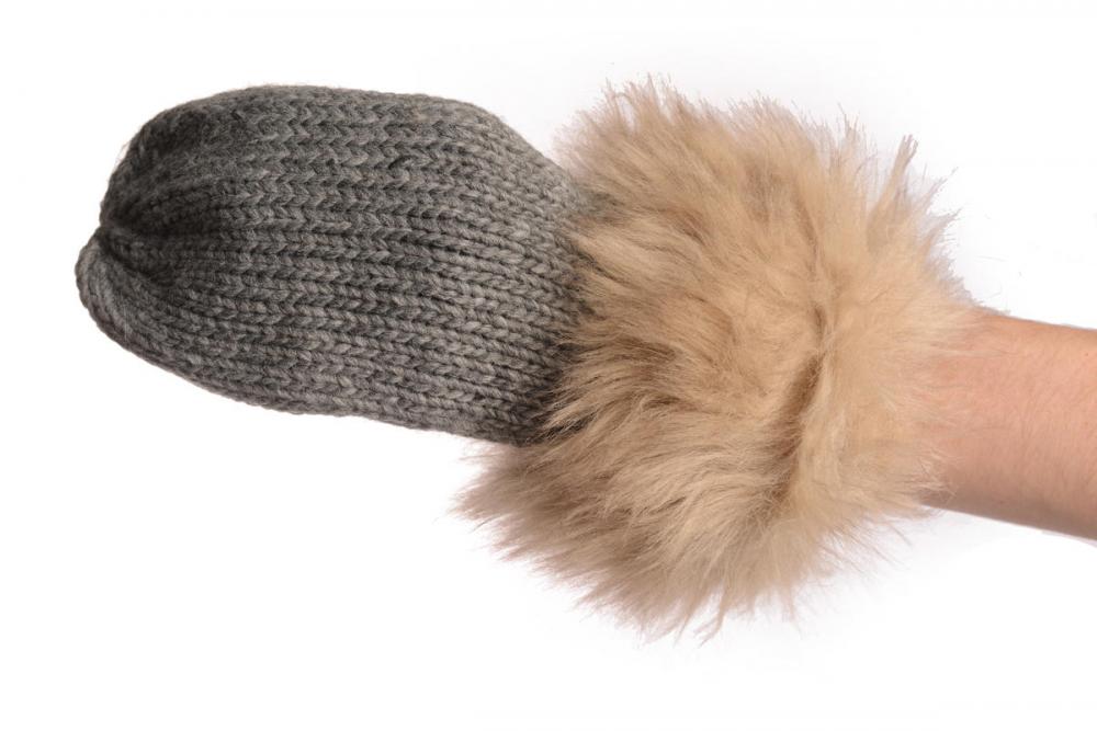 Liss Kiss Grey Knitted With Faux Fur Mittens - Mittens