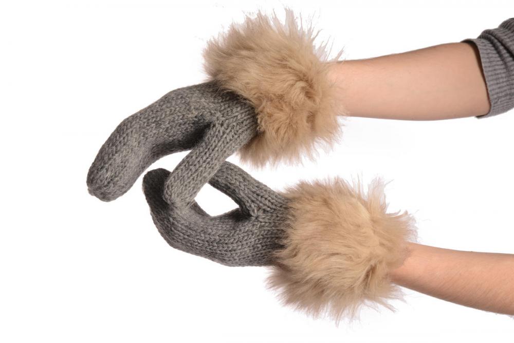 liss kiss Grey Knitted With Faux Fur Mittens - Mittens