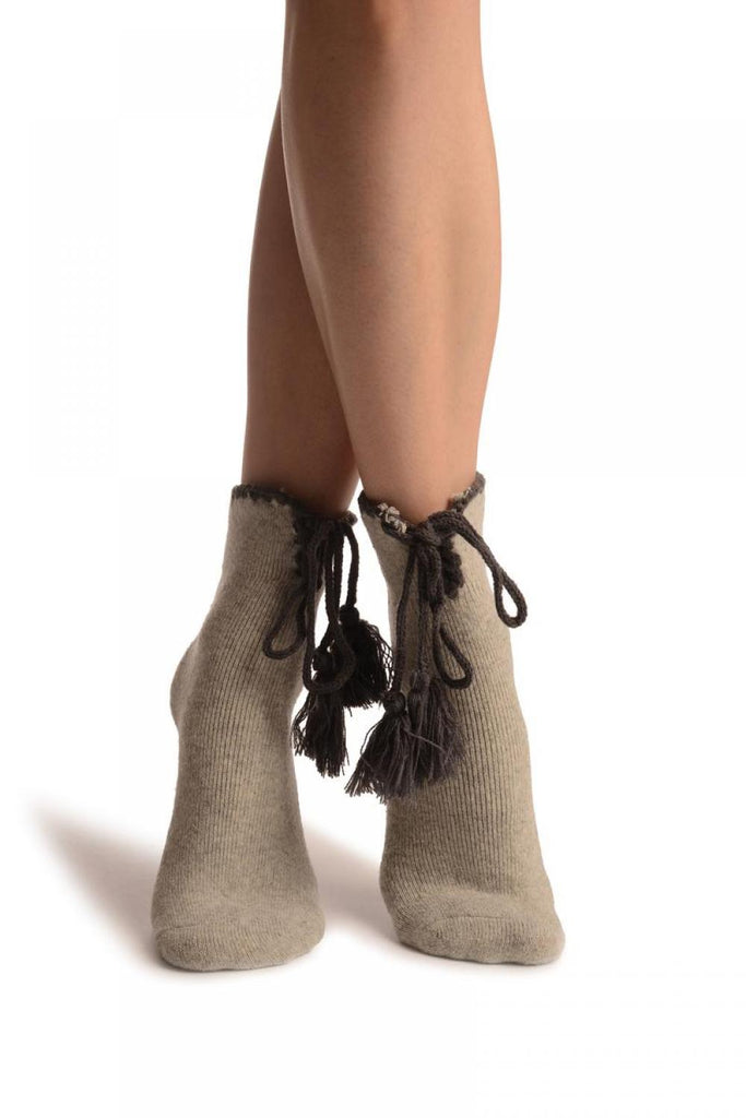 Liss Kiss Grey Lace Up With Silicon Grip Angora Ankle High Socks - Socks