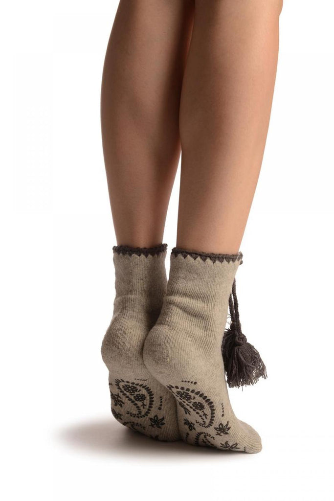 Liss Kiss Grey Lace Up With Silicon Grip Angora Ankle High Socks - Socks