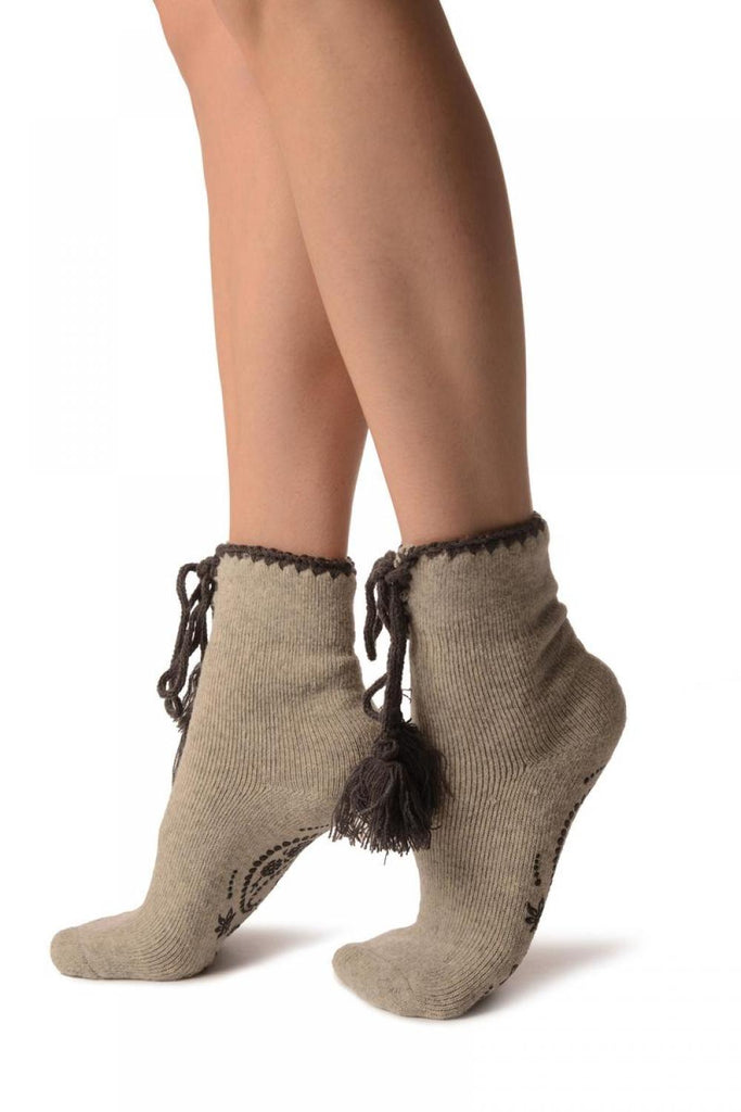 Liss Kiss Grey Lace Up With Silicon Grip Angora Ankle High Socks - Socks