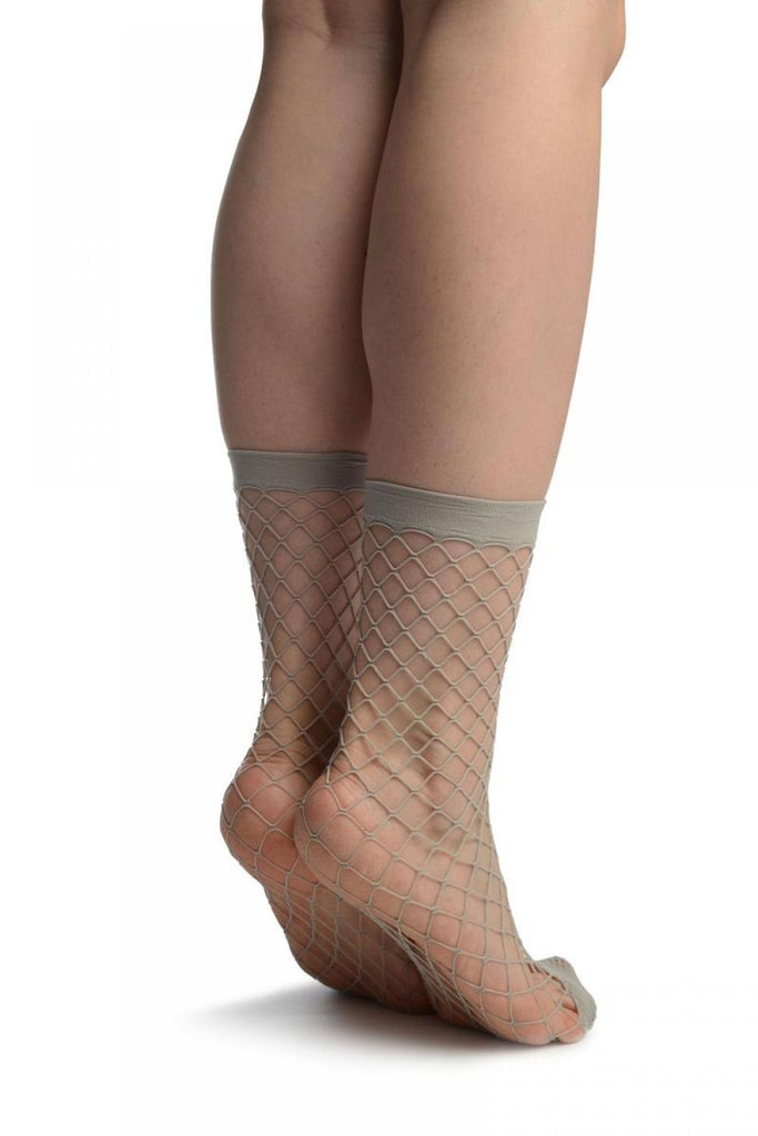 Liss Kiss Grey Large Fishnet With Reinforced Toe Ankle High Socks - Socks