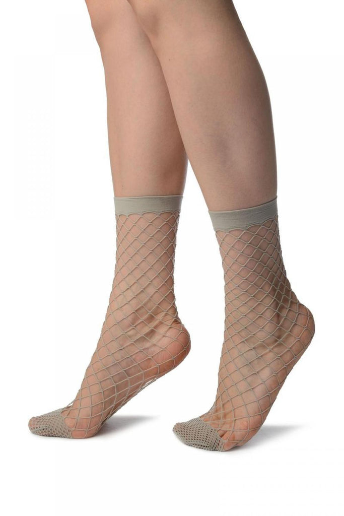 Liss Kiss Grey Large Fishnet With Reinforced Toe Ankle High Socks - Socks