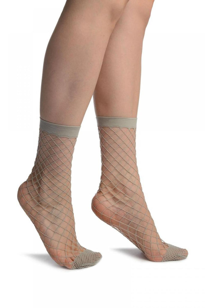 liss kiss Grey Large Fishnet With Reinforced Toe Ankle High Socks - Socks