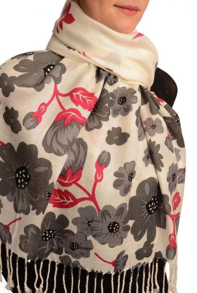 Liss Kiss Grey Large Flowers On White Pashmina Feel With Tassels - Scarf