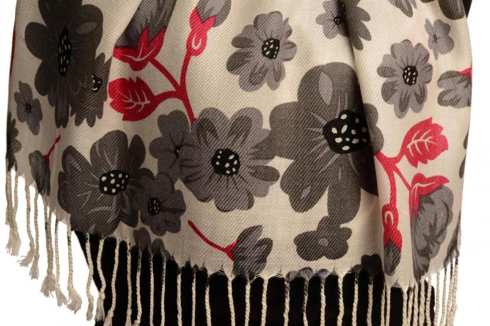 Liss Kiss Grey Large Flowers On White Pashmina Feel With Tassels - Scarf