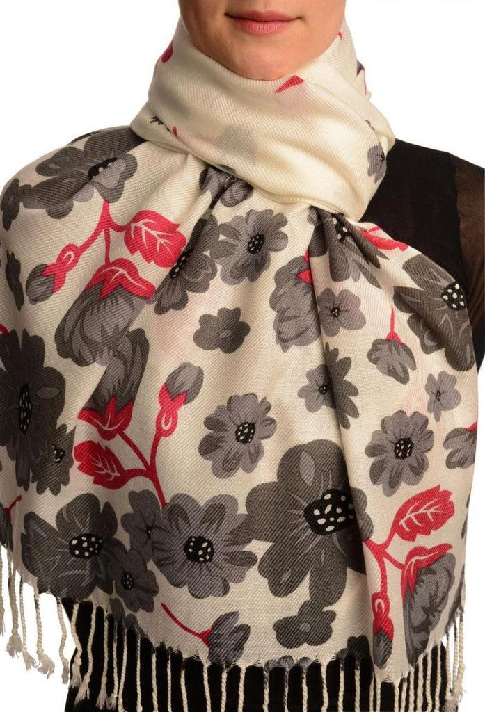 liss kiss Grey Large Flowers On White Pashmina Feel With Tassels - Scarf