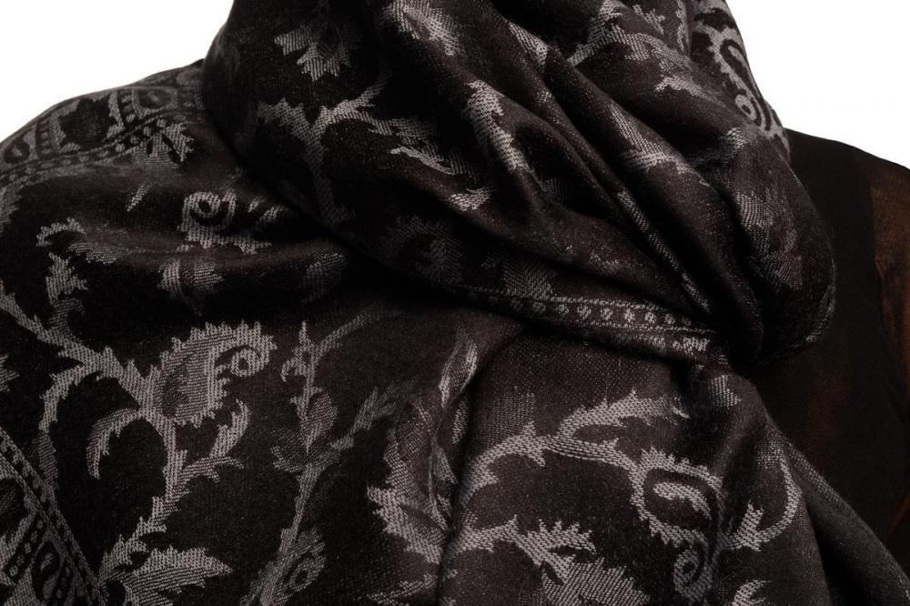 Liss Kiss Grey Large Paisley On Black Pashmina Feel - Scarf