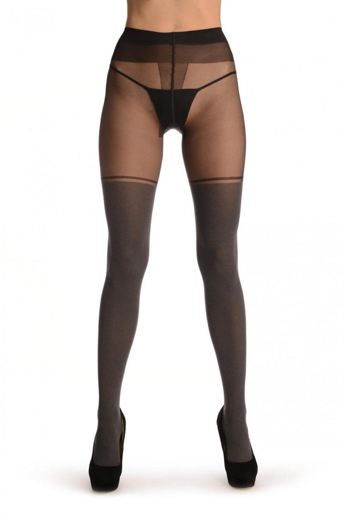 Liss Kiss Grey Melange Faux Stockings & Opaque Top Stripe - Tights