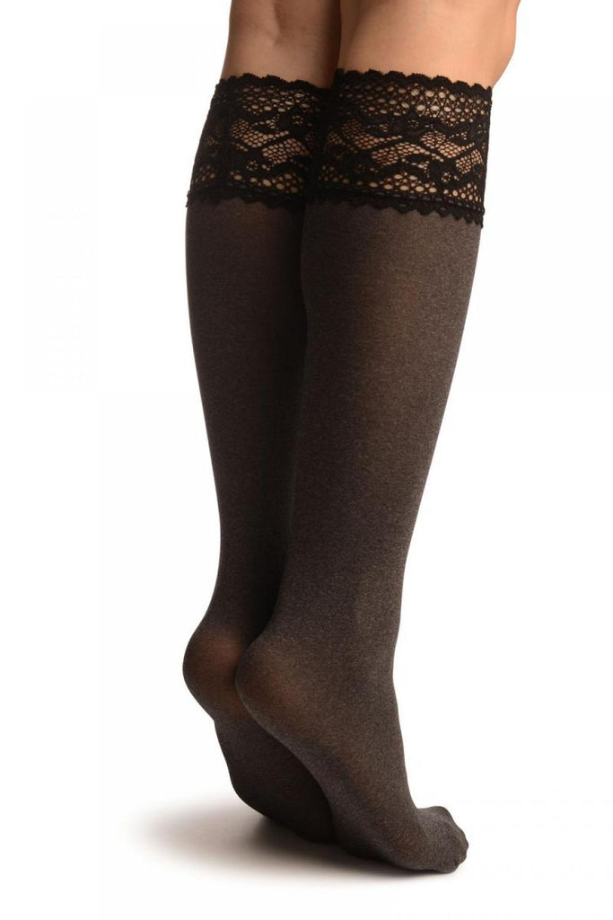 Liss Kiss Grey Melange With Floral Silicon Lace Socks Knee High - Socks