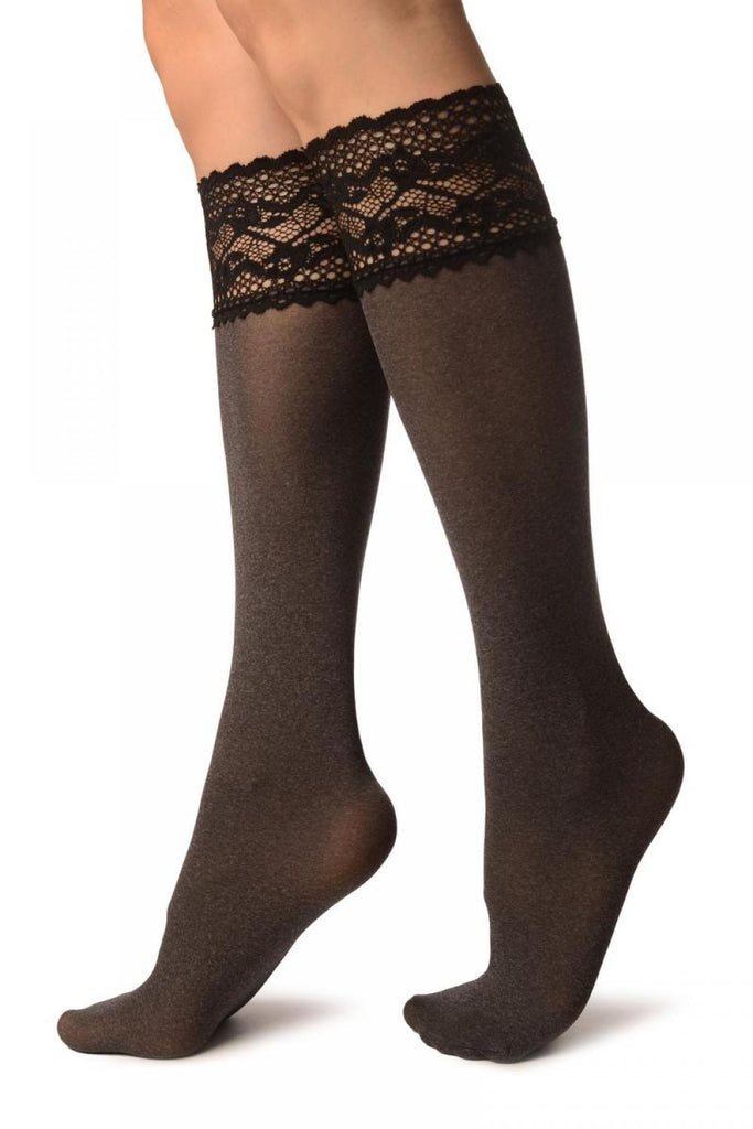 Liss Kiss Grey Melange With Floral Silicon Lace Socks Knee High - Socks