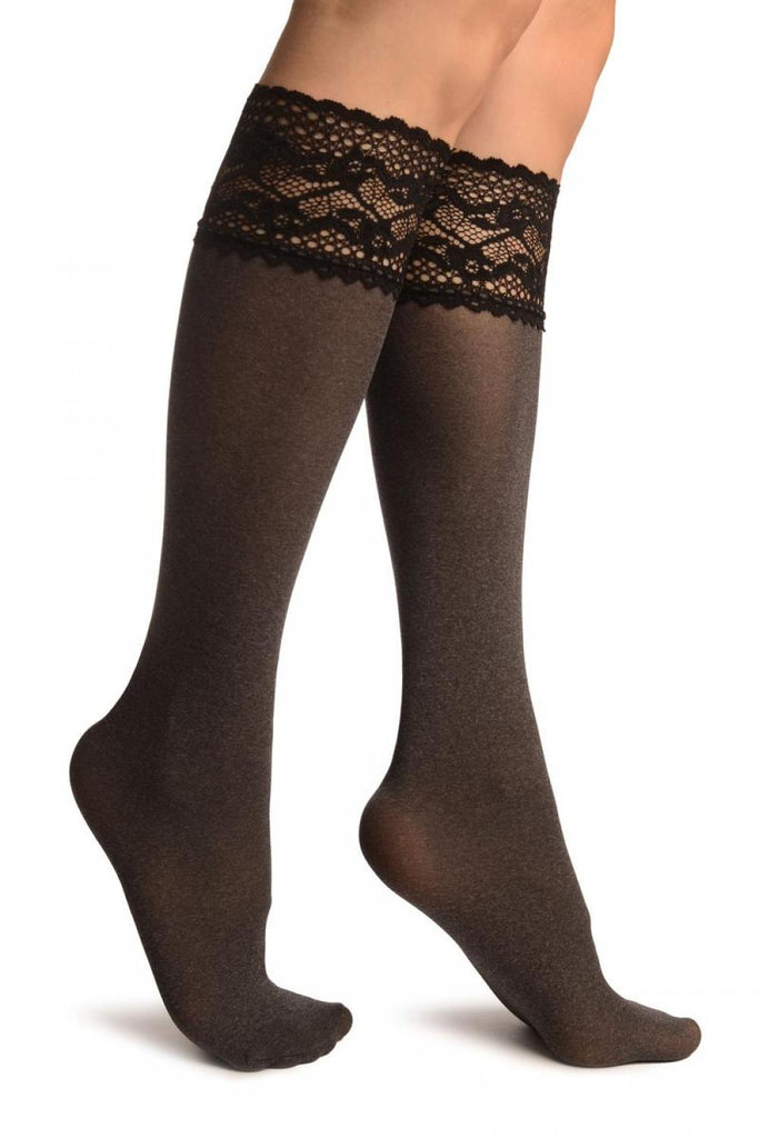 liss kiss Grey Melange With Floral Silicon Lace Socks Knee High - Socks