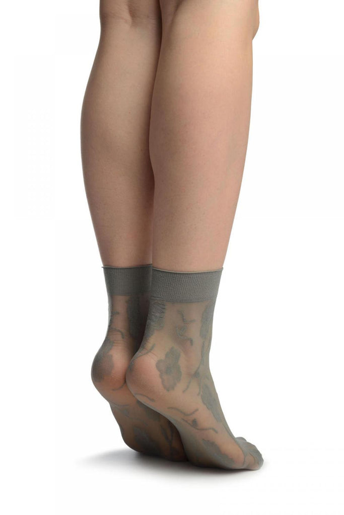 Liss Kiss Grey Mesh With Large Flowers Ankle High Socks - Socks