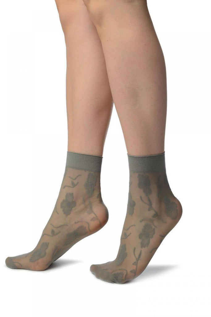Liss Kiss Grey Mesh With Large Flowers Ankle High Socks - Socks
