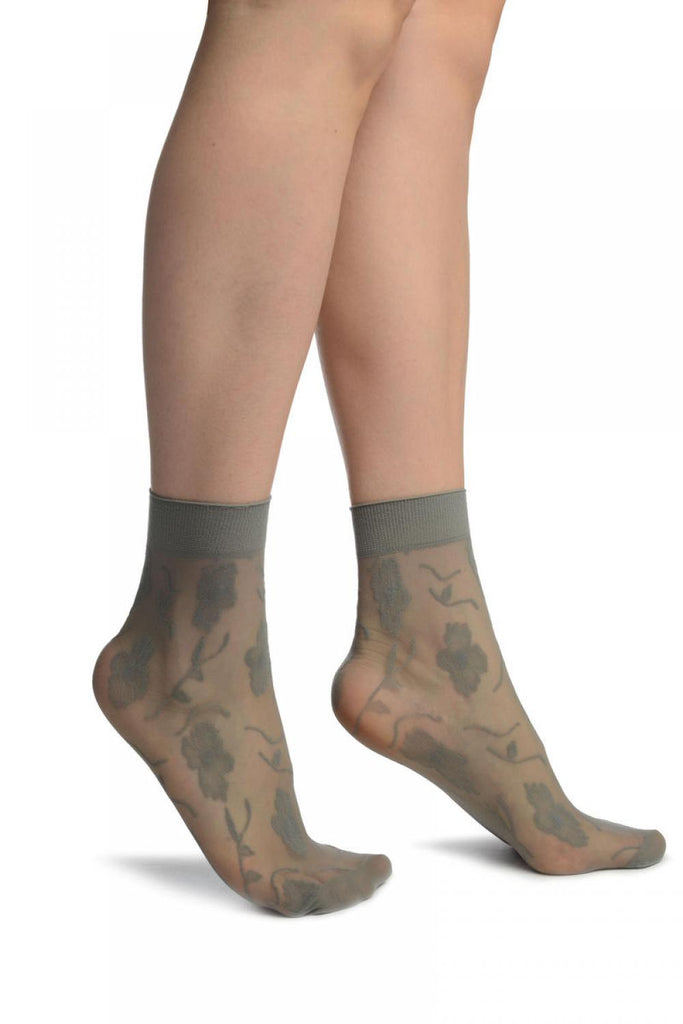 liss kiss Grey Mesh With Large Flowers Ankle High Socks - Socks