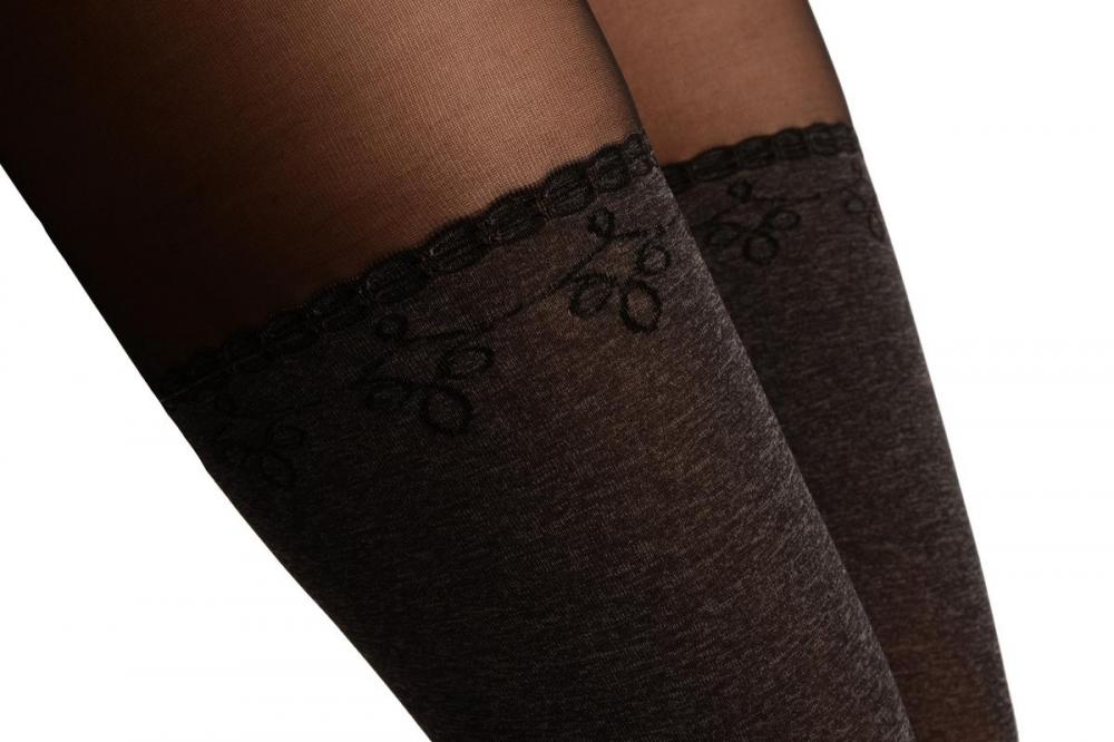 Liss Kiss Grey Opaque Faux Stockings With Black Top Tights - Tights