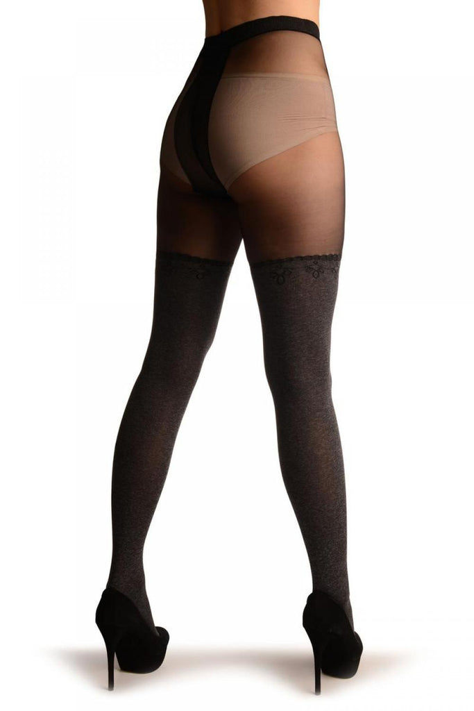 Liss Kiss Grey Opaque Faux Stockings With Black Top Tights - Tights