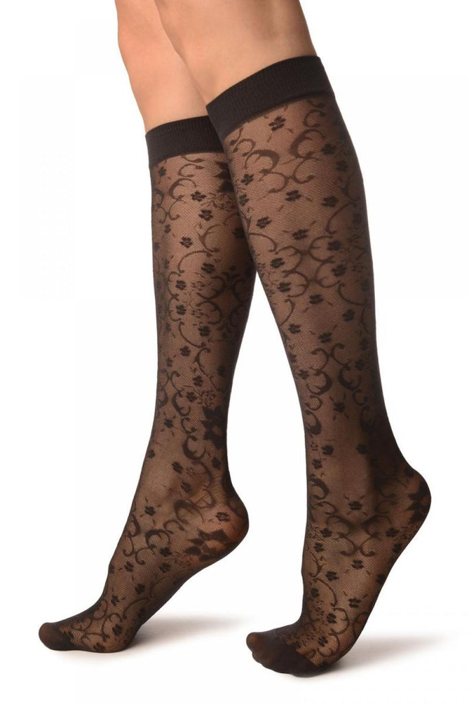 Liss Kiss Grey Orchids On Lace Socks Knee High - Socks