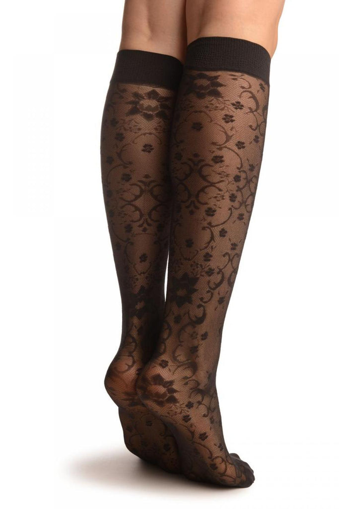 Liss Kiss Grey Orchids On Lace Socks Knee High - Socks