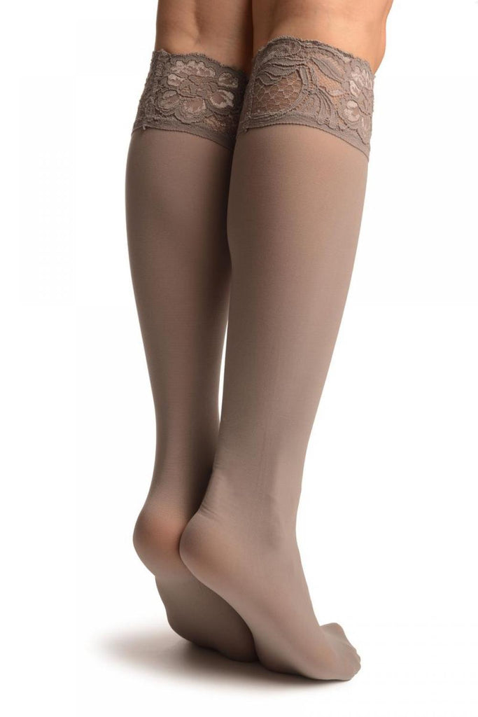 Liss Kiss Grey Pain With Floral Silicon Lace Socks Knee High - Socks