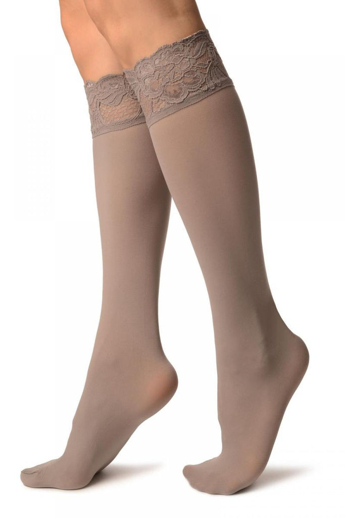 Liss Kiss Grey Pain With Floral Silicon Lace Socks Knee High - Socks