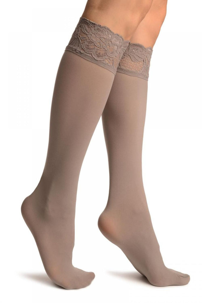 liss kiss Grey Pain With Floral Silicon Lace Socks Knee High - Socks