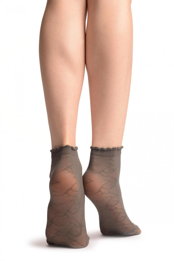 Liss Kiss Grey Patterned Mesh & Sheer Toes Socks Ankle High - Socks