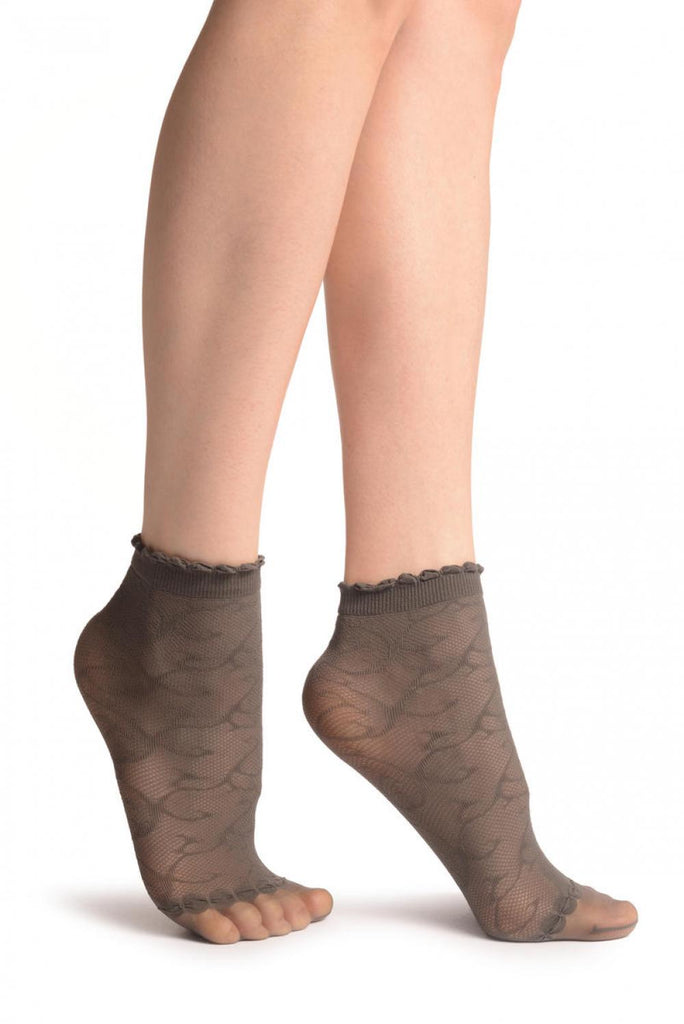 Liss Kiss Grey Patterned Mesh & Sheer Toes Socks Ankle High - Socks