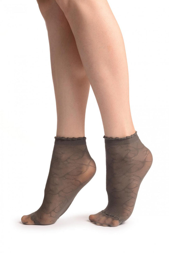 Liss Kiss Grey Patterned Mesh & Sheer Toes Socks Ankle High - Socks