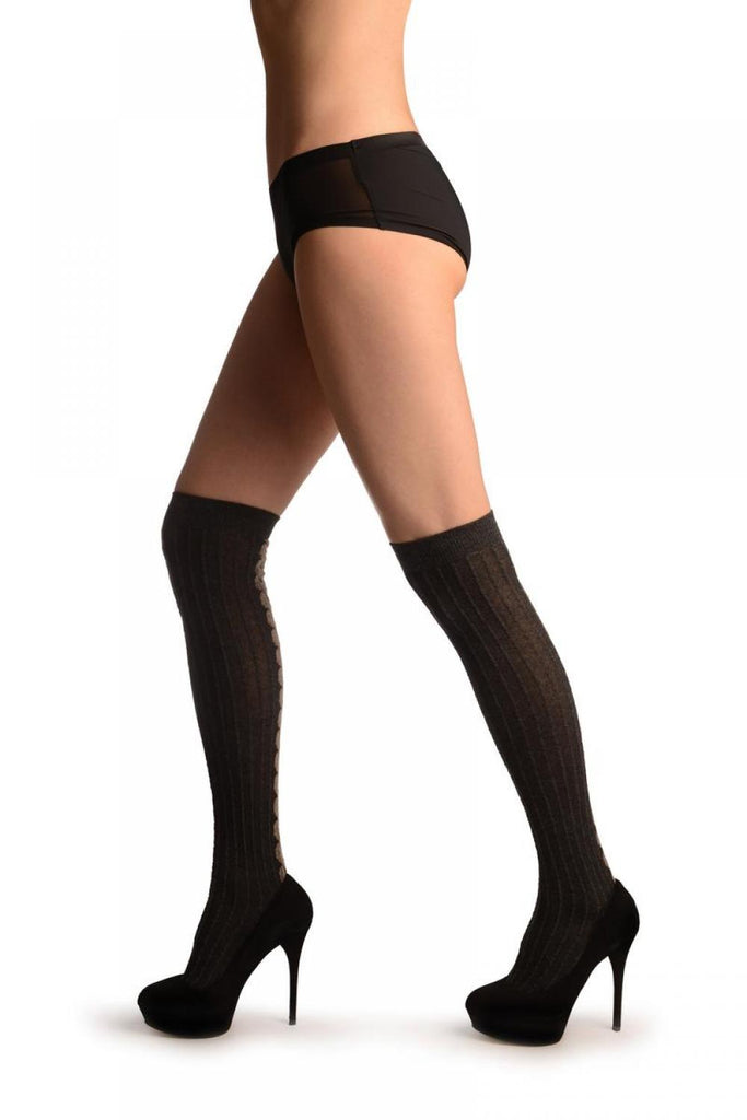 Liss Kiss Grey Plait Seam On Woven Stripes Grey - Over The Knee Socks