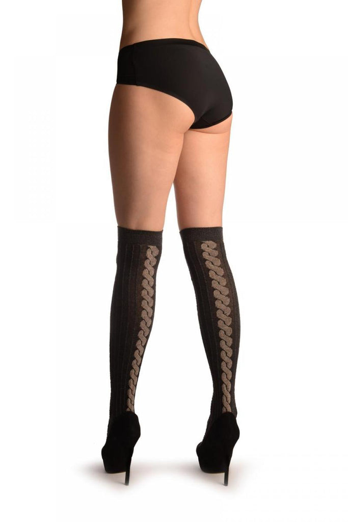 liss kiss Grey Plait Seam On Woven Stripes Grey - Over The Knee Socks