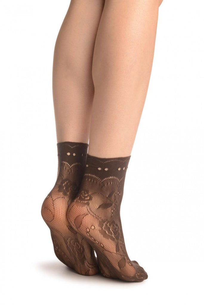 Liss Kiss Grey Roses Lace With Comfort Top Ankle High Socks - Socks