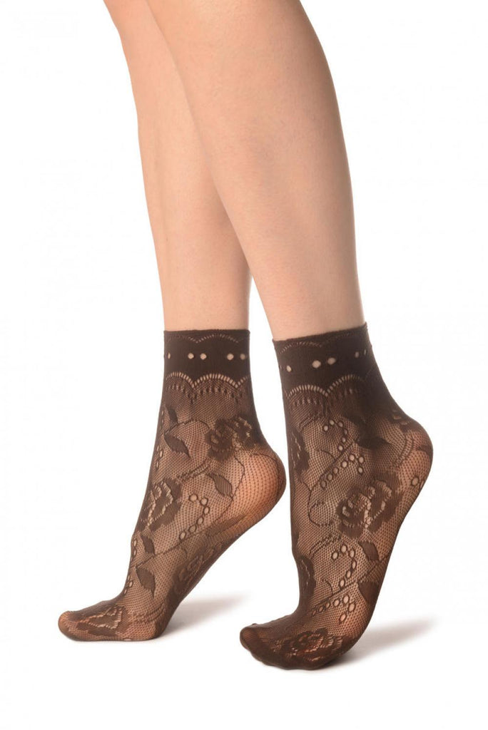 Liss Kiss Grey Roses Lace With Comfort Top Ankle High Socks - Socks